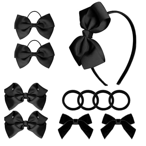 baotongle 11pcs Black School Hair Accessories Set Uniform Hair Bow Headband Clips Hair Ties Curly Bows for Little Toddler School Girls Black