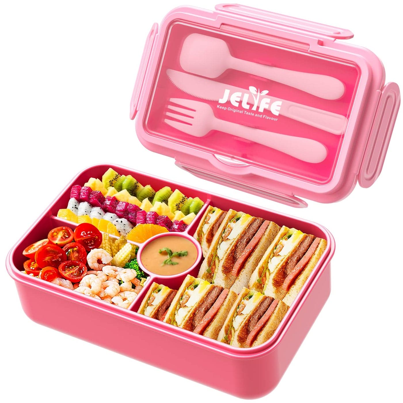 Jelife Kids Lunch Bento Box Large BentoStyle Leakproof Boxes 4 Compartments Girls Snack Containers with Tableware for Back to School Reusable OntheGo Meal and Packing Pink