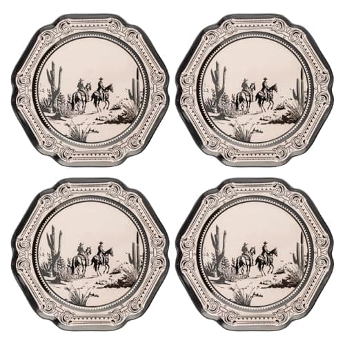Karma, 8.75 inches Melamine Salad Plates Set of 4, Reusable Dishwasher Safe Plates for Outdoor and Indoor, Gothic Cowboy