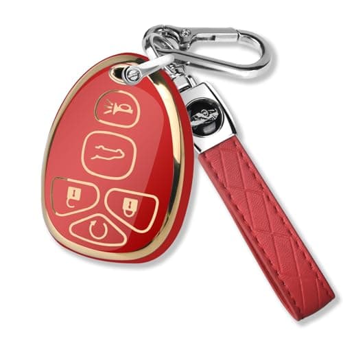 QBUC for Chevy Key Fob Cover with Keychain Soft TPU Gold Trim Protection Case Compatible with 20072014 Chevy Tahoe Suburban Traverse GMC Yukon Acadia Cadillac Escalade 5ButtonsWhite