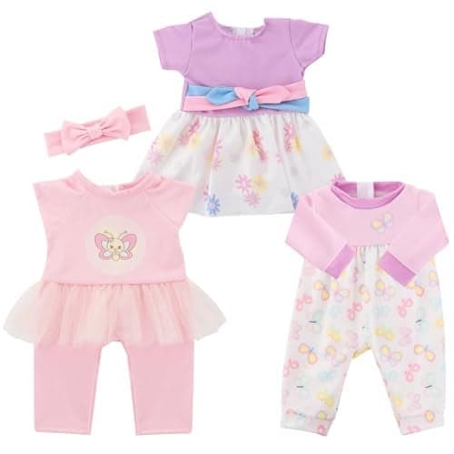 ECORELF Baby Doll Clothes 3 Set 18 Inch Doll Girl Clothes and Accessories 4 Pcs Include Jumpsuits Skirt Headband No Dolls