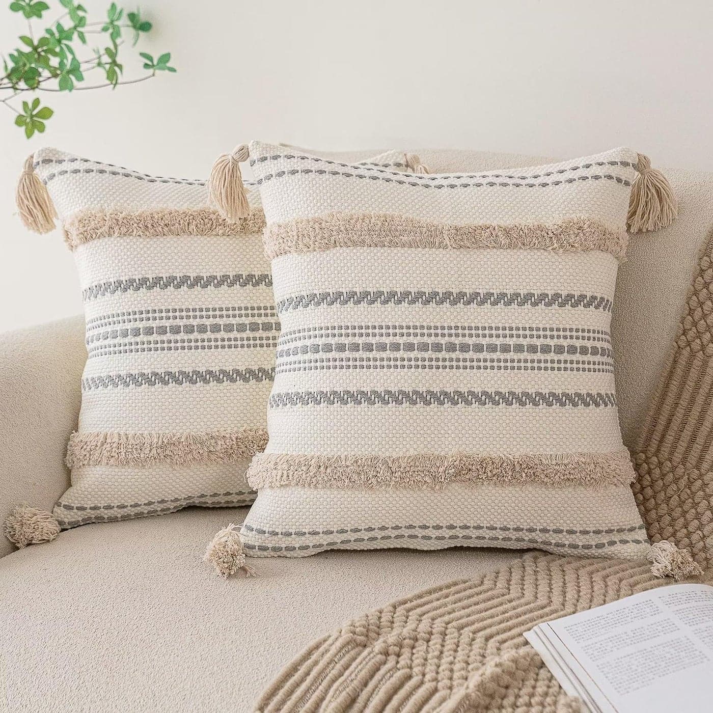 BUIOVBEY Boho Throw Pillow Covers 20x20 Set of 2 Woven Tufted Farmhouse Pillows Cover with Tassels Textured Striped Cushion Case Neutral Pillow Cases Decorative Pillowcase for Sofa Couch Bed Khaki