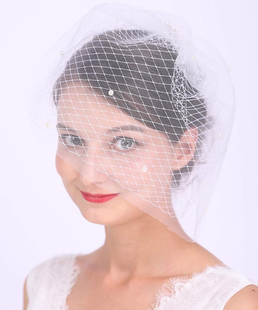 Aimimier Bridal Veil with Crystal Pearl Comb White Double Layer Birdcage Veil for Wedding (White)