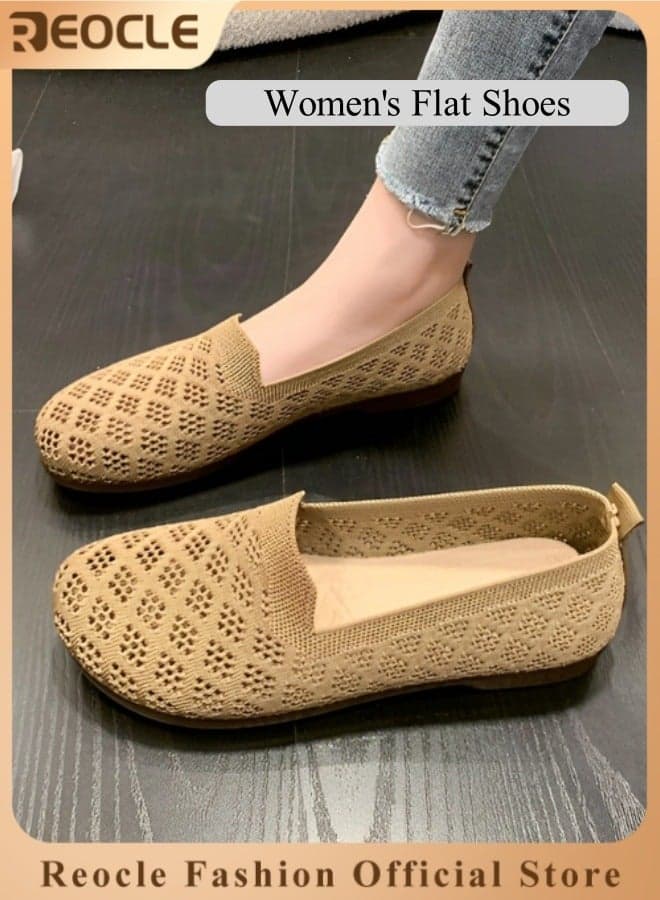 Women's Knitting Flat Shoes Comfort Loafers Casual Slip on Shoes Breathable Mesh Shoes Round Toe Walking Shoes Soft Lightweight Shoes for Walking & Shopping & Traveling