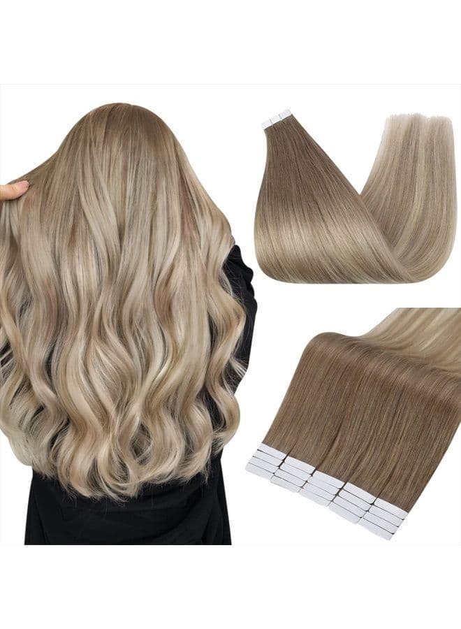 Tape in Human Hair Extensions 18 Inch Remy Hair Extensions Balayage Color 8 Ash Brown Fading to 60 and 18 Ash Blonde Tape in Hair Extensions 20 Pcs 50 Grams Seamless Tape in Remy Extensions