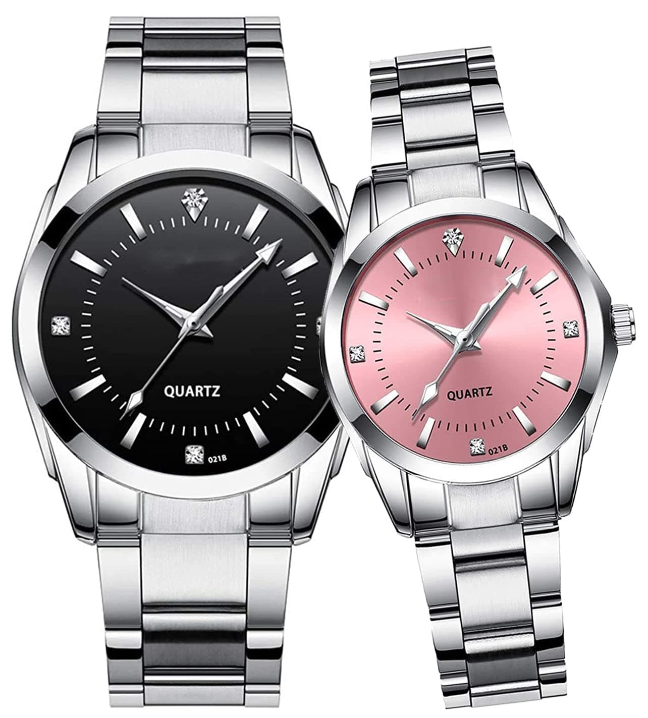 Couple Watches Men and Women Gold Silver Stainless Steel Watch Fashion his and Hers Watches Set (Black Pink)