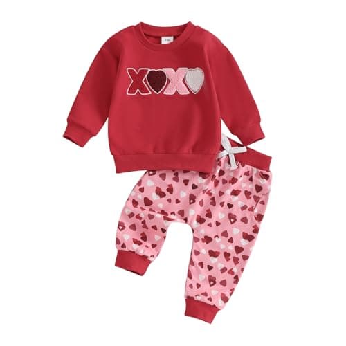 BeQeuewll Toddler Baby Girl Valentines Day Outfit Letter Print Long Sleeve Sweatshirt Heart Long Pants 2 Piece Set (Red, 12-18 Months)