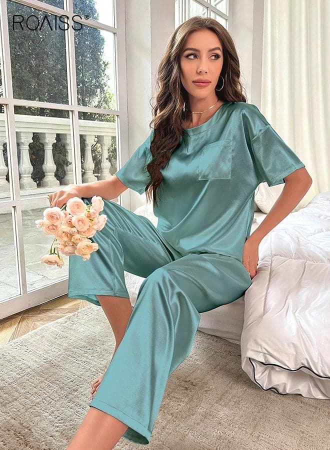 2PCS Women Pajama Set, Soft Loungewear Set with Short Sleeve T-shirt and Elastic Waist Pants, Skin-friendly Breathable Pajamas for Ladies, Perfect for Sleeping or Lounging Around Your House