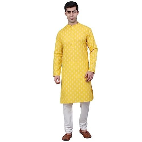 Jompers Men's Cotton Floral Printed Kurta Pyjama Set (Lemon, Large)