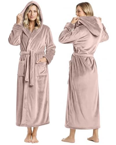 NY Threads Premium Womens Robe with Hood, Plush Fleece Long Bath Robe for Women, Fluffy Soft Women's Bathrobe, X-Large, Taupe