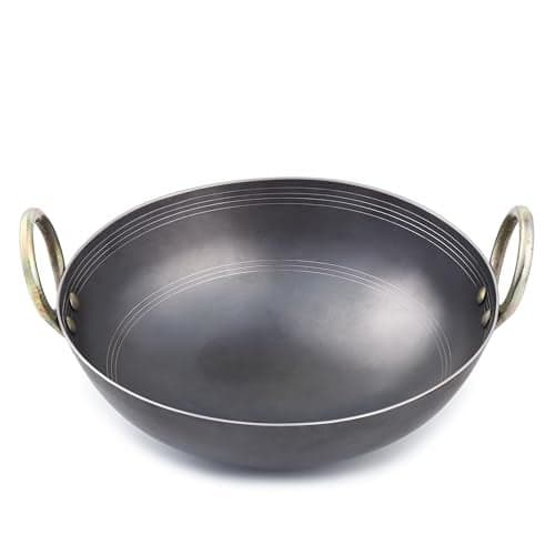 VISMAY'S 5 Litre 13 Inch Food Grade Iron Kadhai Wok Frypan Lohe ki Kadai Smooth Edges Riveted Handles Deep Frying, Roasting Metal Spoon Friendly Traditional Indian Cooking Durable Kitchen Cookware