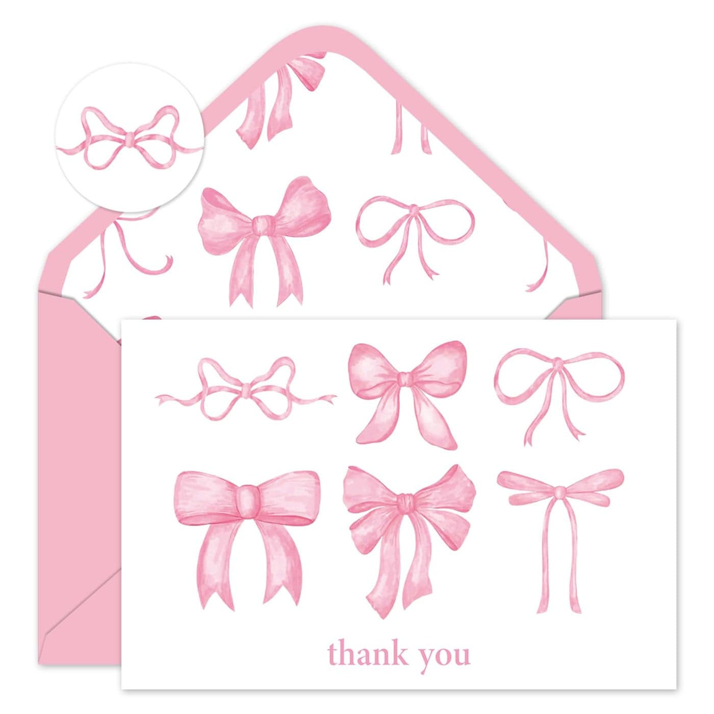 Whaline 24 Pack Valentines Day Pink Thank You Cards Watercolor Pink Bow Blank Note Cards with Envelopes Stickers Pink Bow Greeting Cards for Wedding Birthday