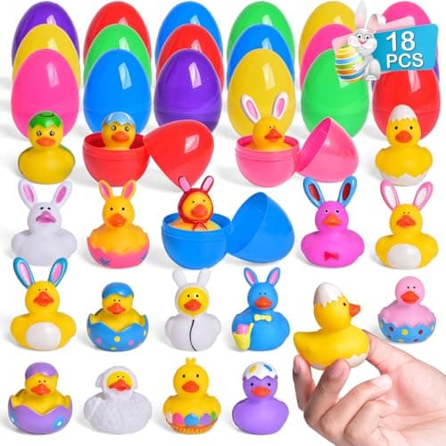 18 Pcs Prefilled Easter Eggs with Rubber Duck Toys for Kids, Bright Colorful Easter Eggs Filled with Assorted Bunny Rabbit Duckies for Fun Bath Toys, Easter Basket Stuffers and Party Favors