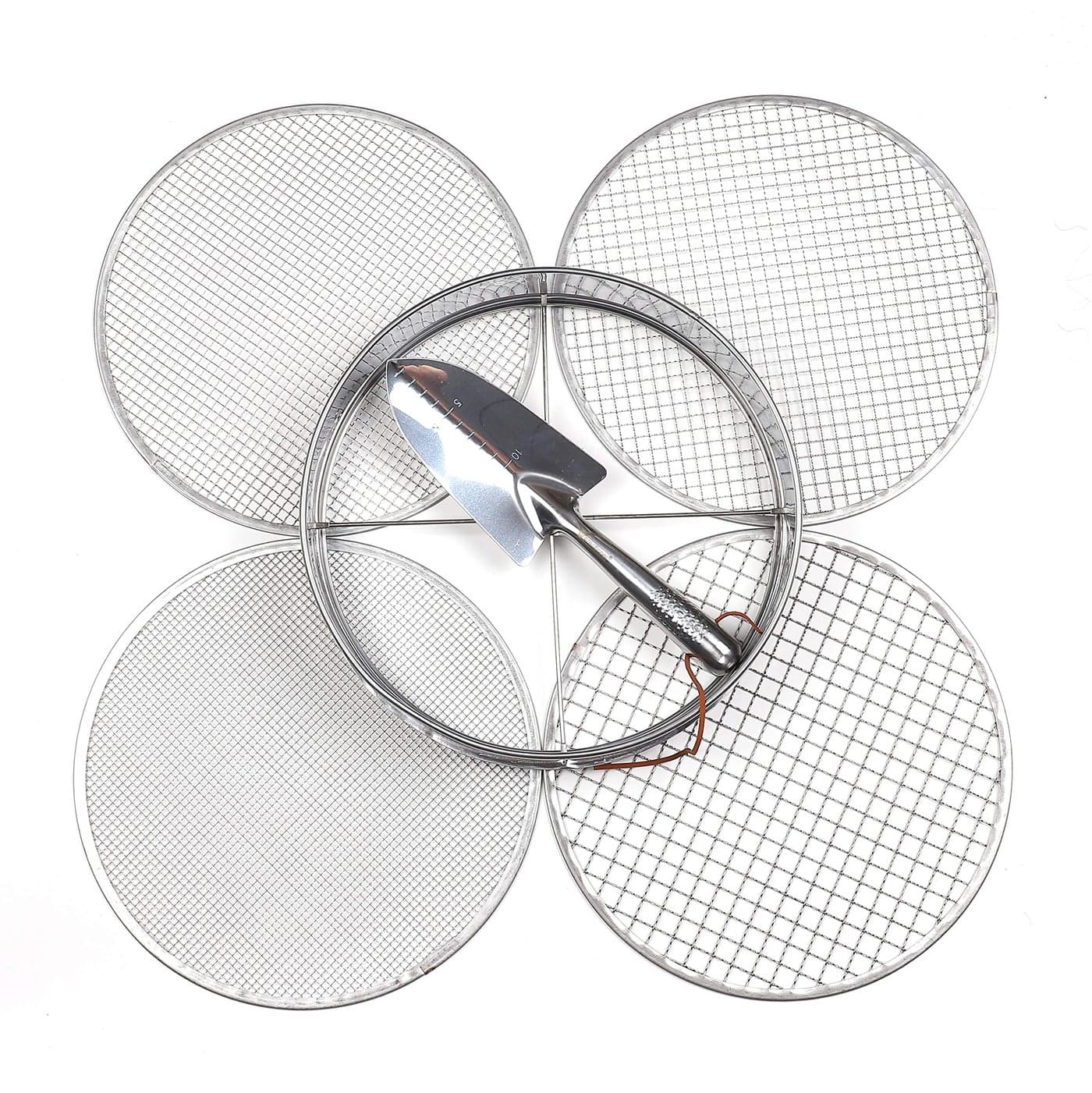 Practicool Garden Potting Mix Sieve Stainless Steel Riddle Soil sifting pan with 4 Interchangeable Filter mesh Sizes 36912 mm and Bonus Spade