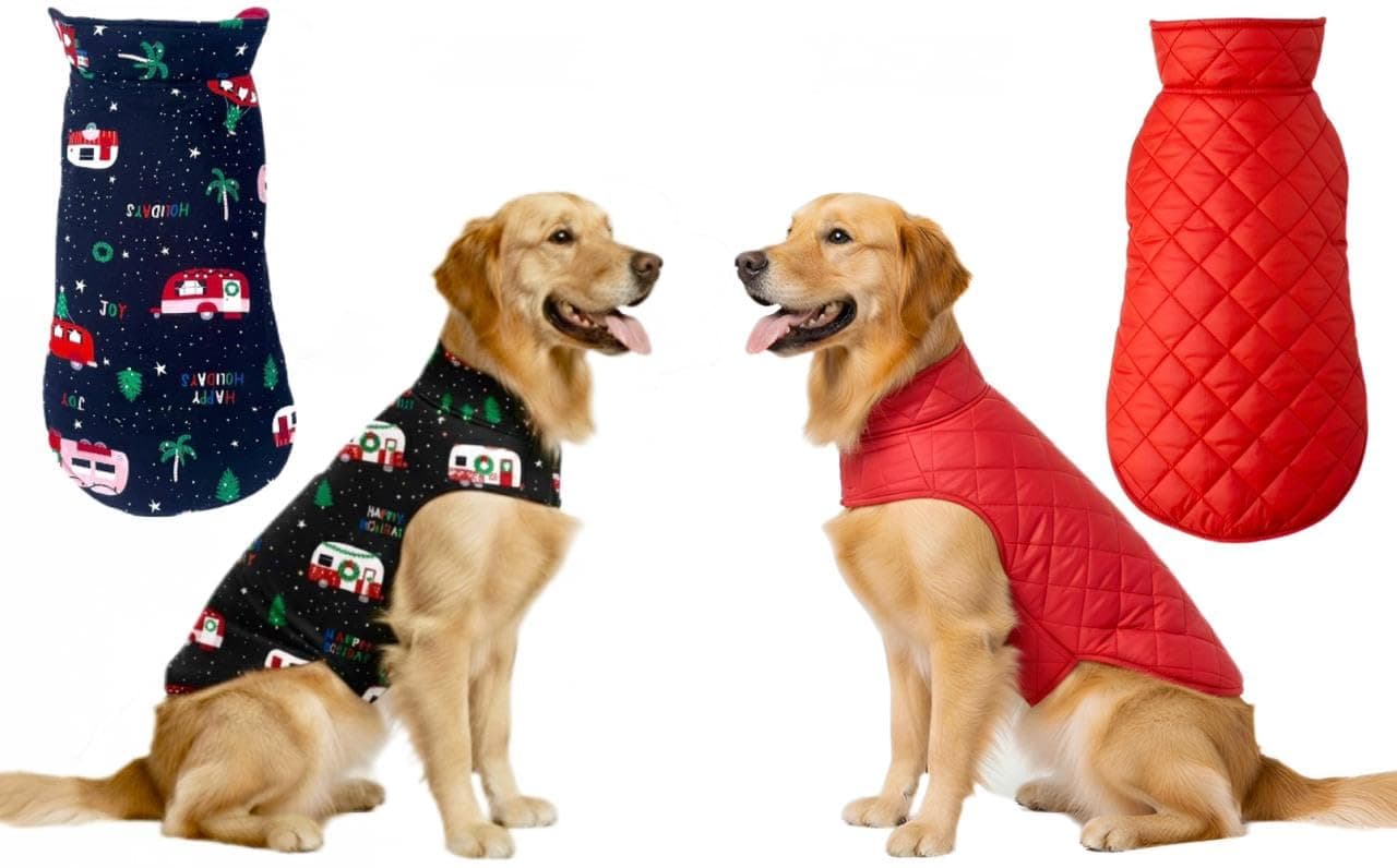 Pets Planet Dog Winter Clothes Reversible Dog Jacket Red Van Print Color Design Warm Dog Coat Windproof Pets Cold Weather Wearing (L, 18 Inch), Pack of 1