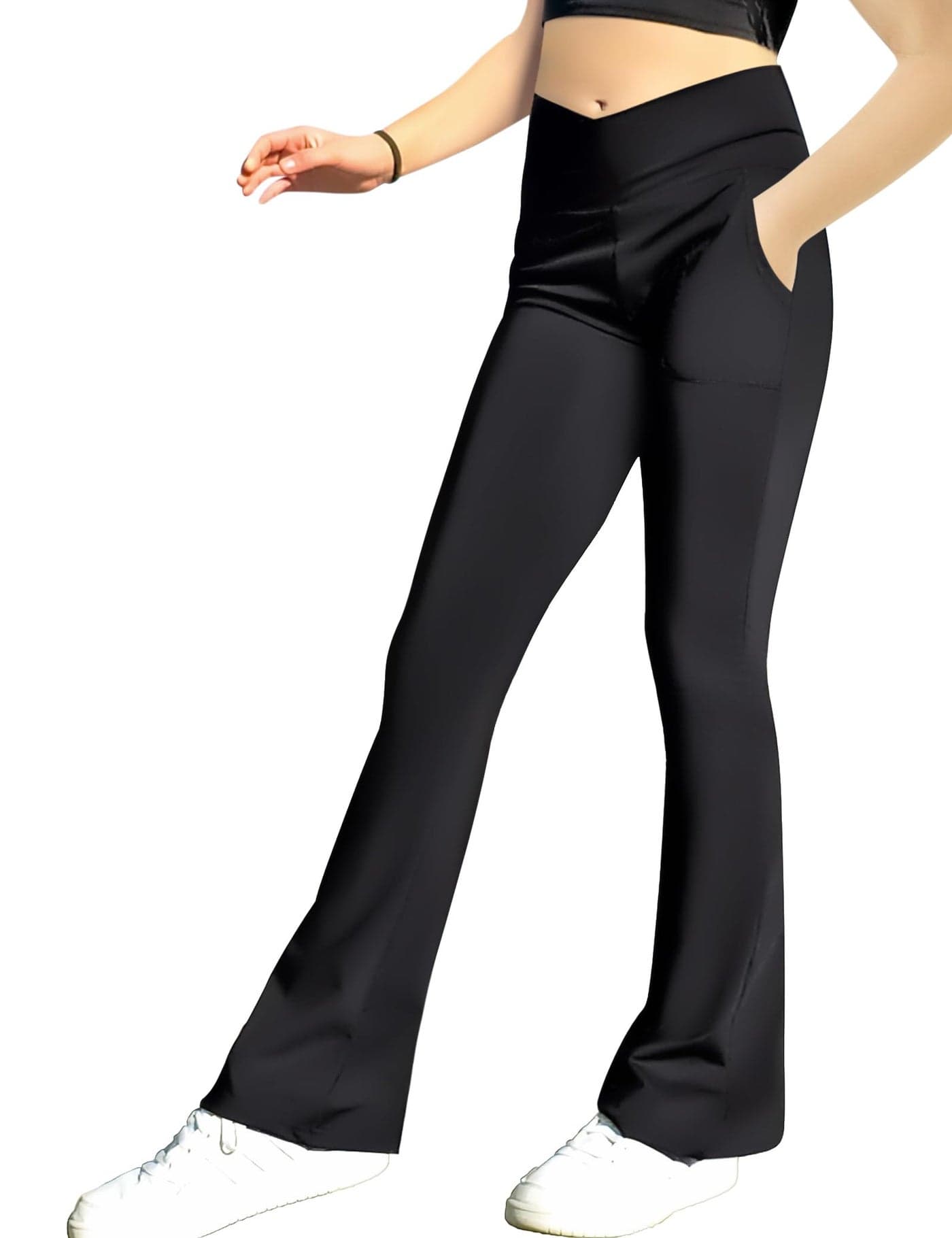 Gnainach Girls Flare Pants Size 13-14 Years Old Black High Waist Crossover Leggings with Pockets Kids Bell Bottoms for Teen Yoga Running