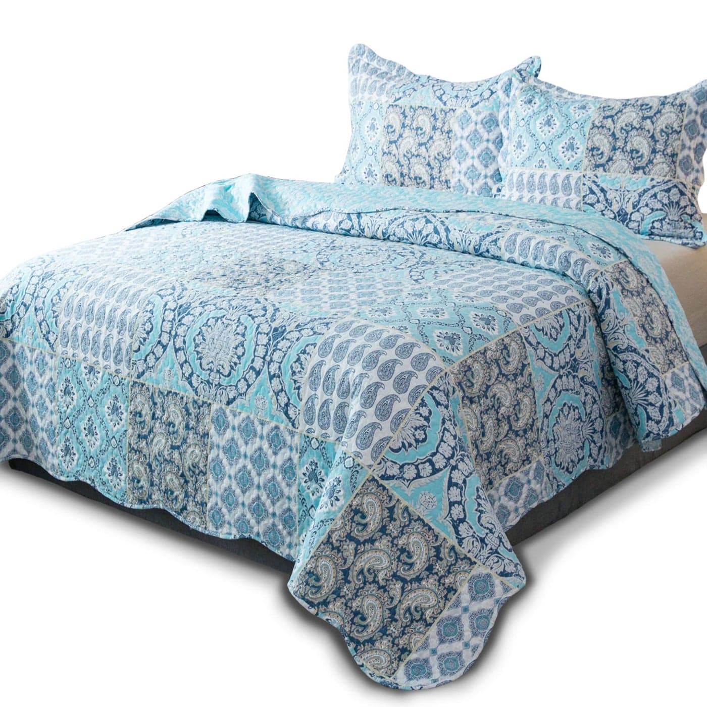 KASENTEX CountryChic Printed PreWashed Quilt Bedding Set Microfiber Fabric Quilted Pattern Bedding MultiBlue B Queen 2 Shams