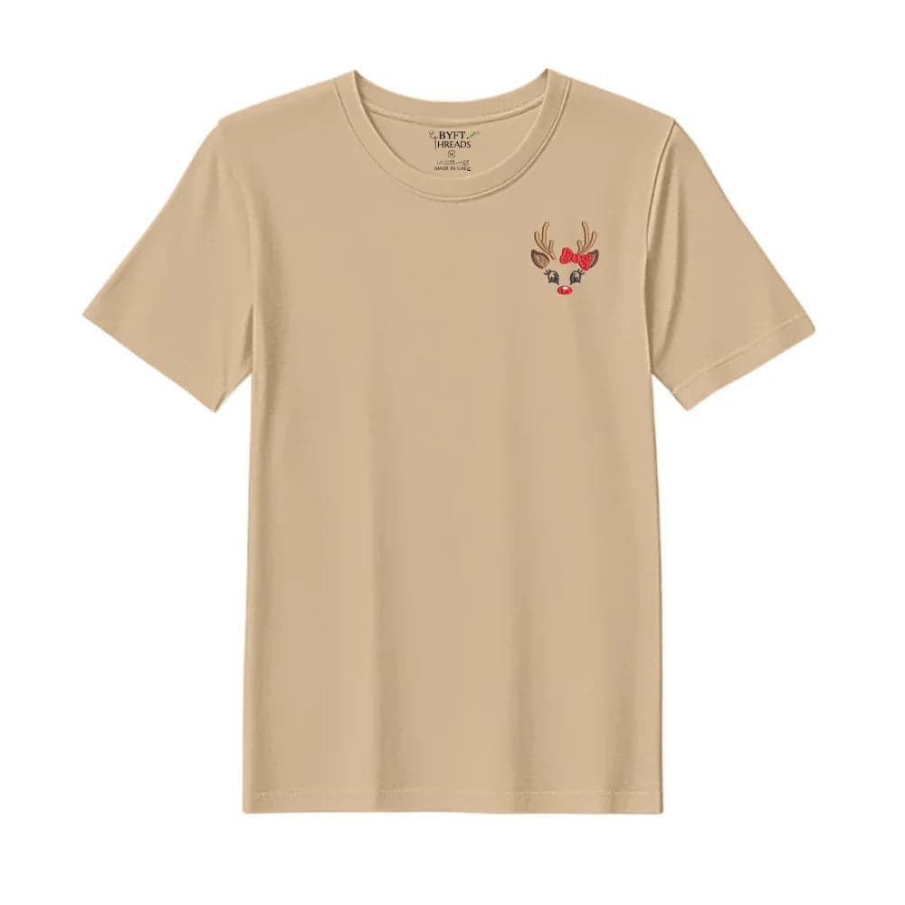 Threads Medium Beige Polycotton T-Shirt - Christmas "Reindeer Face with Bow" Embroidered Design, Premium Holiday Collection