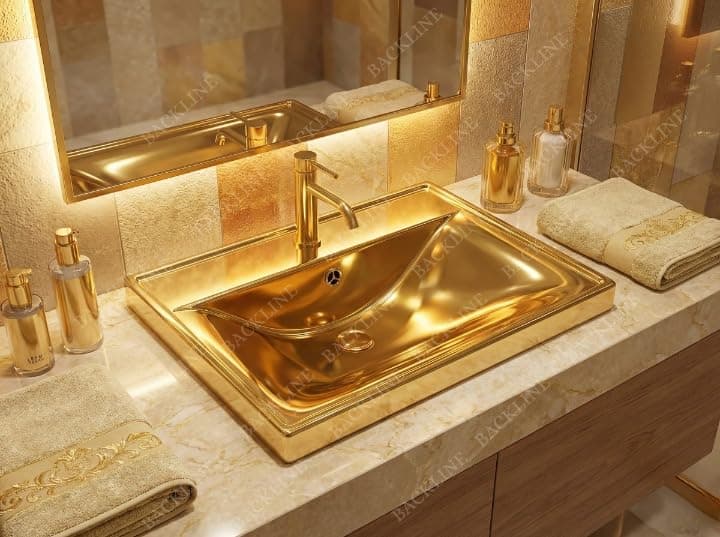 Backline Luxury Semi-Undercounter Basin | Ceramic Under Counter Wash Basin With Overflow | Undermount Bathroom Sink 51 x 40 x 18 Cm (Gold Glossy)