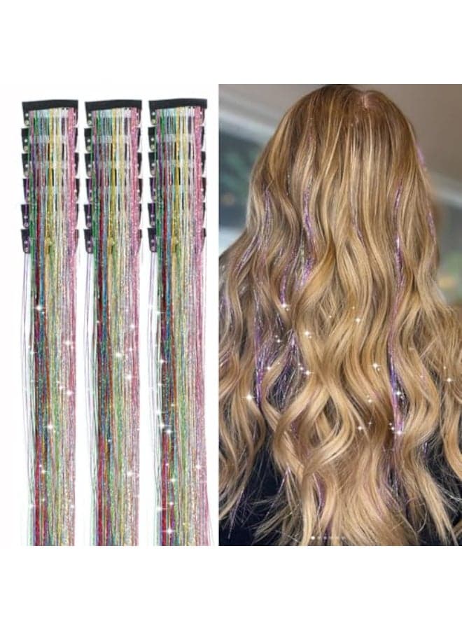 18pcs Hair Tinsel Clip in Glitter Tinsel Hair Extensions 20Inch Clip in Hair Tinsel Sparkling Fairy Hair Tinsel Kit Shiny Hair Accessories for Girls Women Kids Colorful