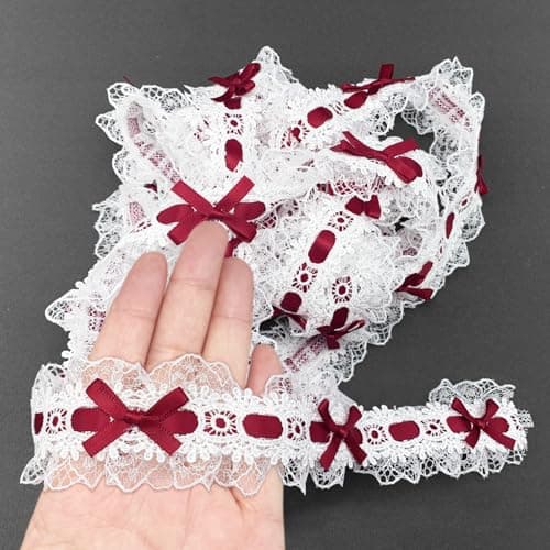 BETITETO Bow Pleated Lace Trim 3 Yards Bowknot Ribbon Ruffle Embroidered Lace Edge Trimmings for Sewing Wedding Decoration Dress Bodice Costume Headbands Party Crafts DIY White Lace Wine Red Bow
