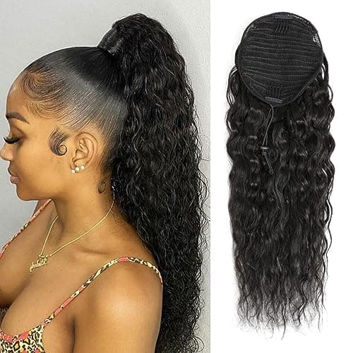 100 Human Hair Drawstring Ponytail Extension Water Wave in Natural Color 1B Corn Wave Ponytail Clip in Extensions for Black Women 20 Inch