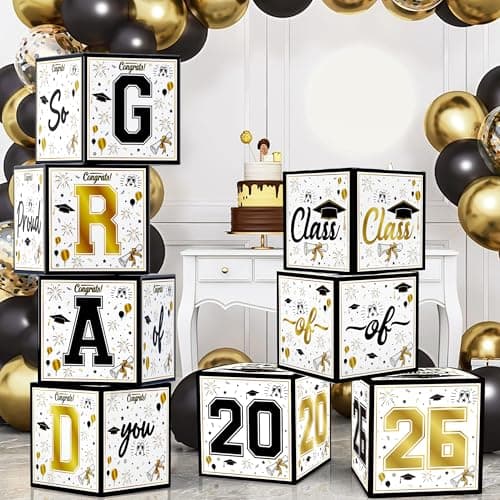 OHOME 8 Pack Graduation Decorations 2026 Black Gold Balloon Boxes for Class of 2026 Party Favors Supplies Graduation Party Decorations 2026 Yard Signs Banner Backdrop Decor Black