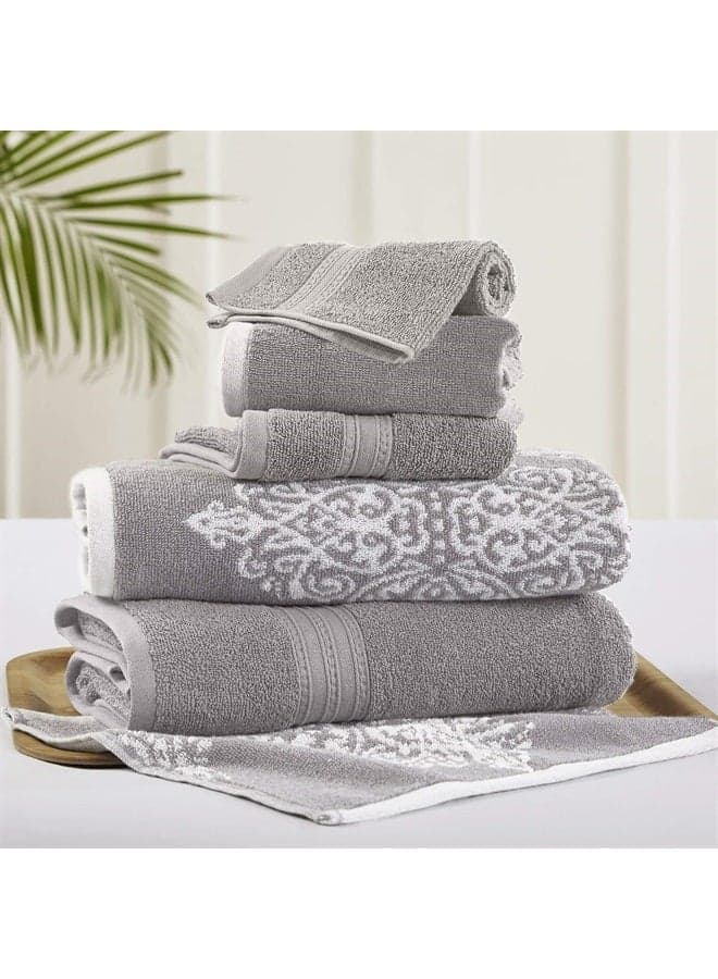 Artesia Damask 6 Piece Reversible Yarn Dyed Jacquard Towel Set (Grey)