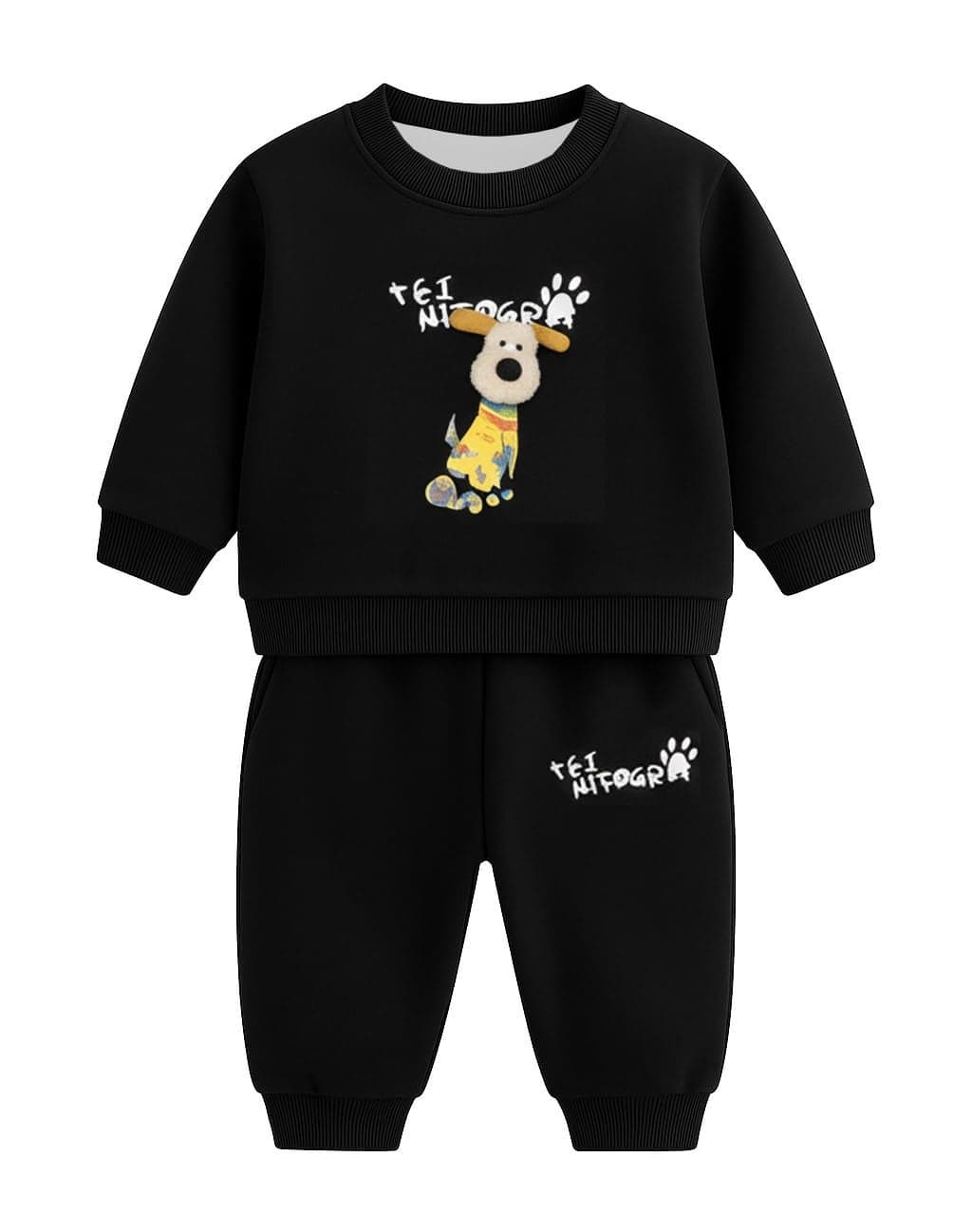 Bold N Elegant Kids Fleece Lined Winter T-Shirt Jogger Set Warm Sweatshirt Pants | Stylish Astronaut Print Winter Co-ord Set for Infant Toddler Teedler Boys n Girls (Black, 2-3 Years)