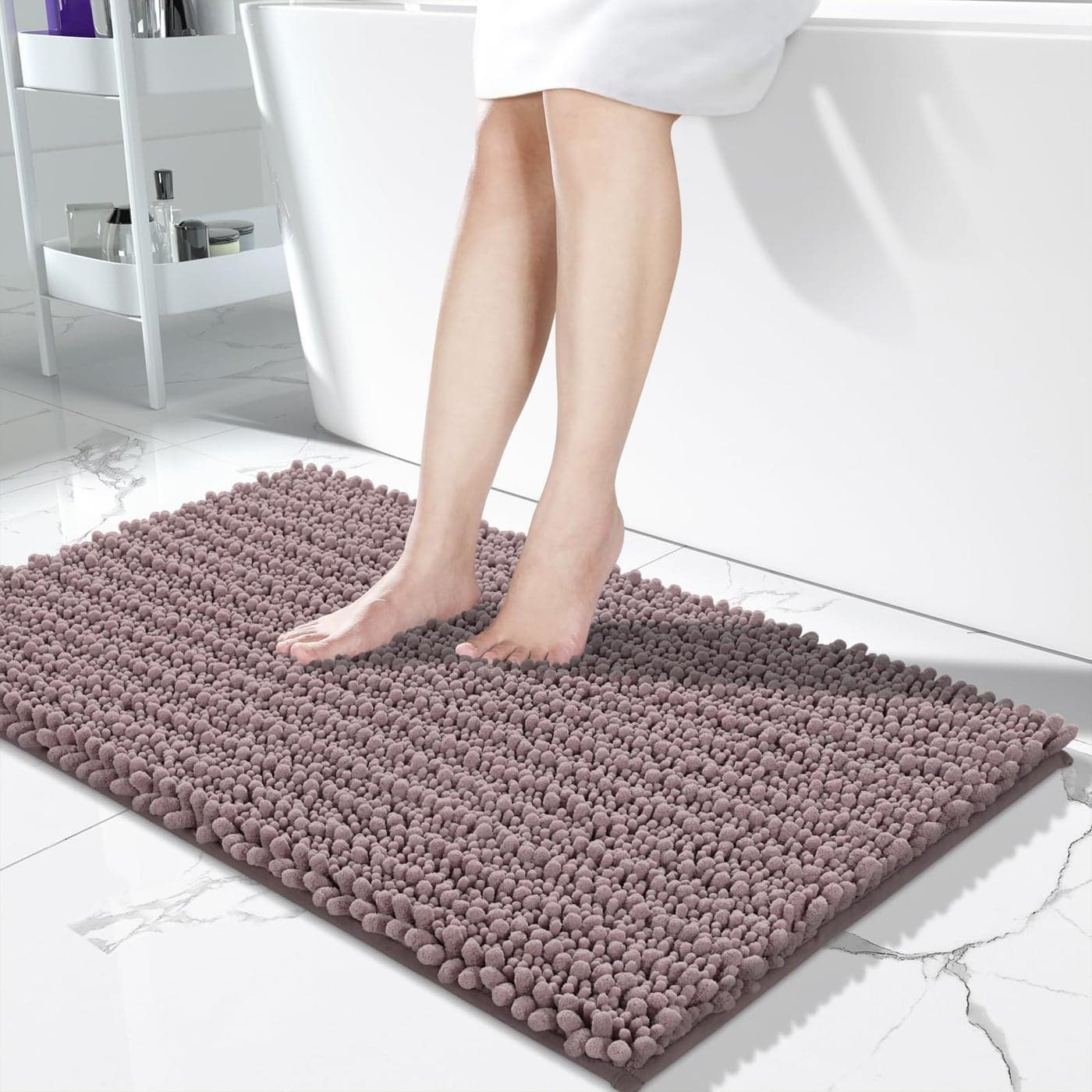 Yimobra Long Bathroom Rugs Non Slip Washable 44x24 Inch Ultra Soft Absorbent Chenille Bath Mat Quick Dry Shaggy Floor Carpet for Tub Shower Mauve Home Decor Accessories