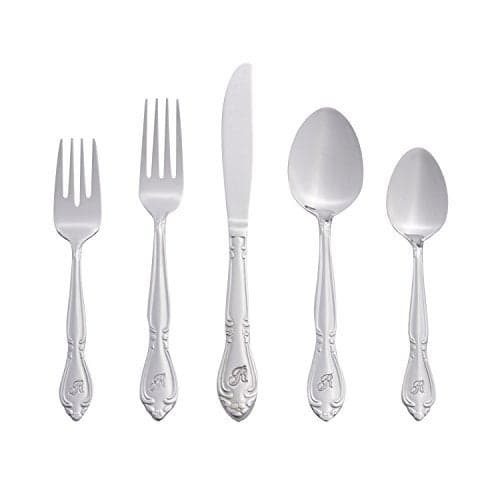 RiverRidge Rose Monogrammed Flatware Set 46 Piece Silverware - R - Utensils Set with Serving Pieces, Heavy Gauge Stainless Steel, Mirror Finish, Dishwasher Safe Cutlery for Daily Use