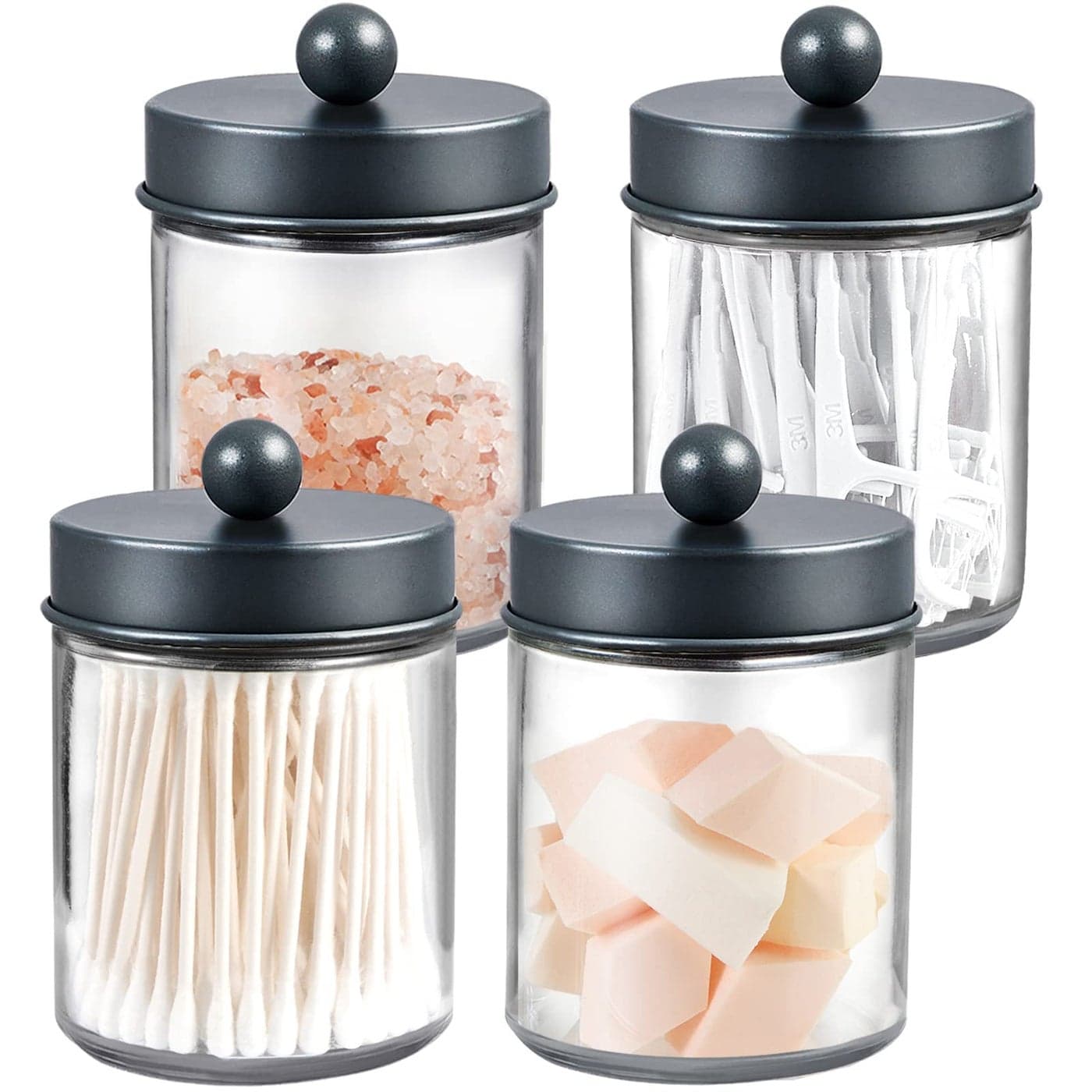 Amolliar 4 Pack Apothecary Jars Bathroom Vanity Storage Organizer Set Countertop Canister with Stainless Steel Lids Cute Stickers Qtip Dispenser Holder for QtipsCotton SwabsMakeup Sponges Grey