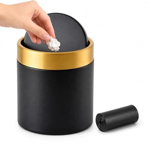 JILLICK Mini Trash Can with Lid, Small Metal Desktop Trash Bin with Swing Lid, 1.5L / 0.4 Gal Countertop Waste Bin for Desk, Vanity, Bathroom, Coffee Bar and Office, Black