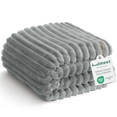 HIMEET Grey Ribbed Throw Blanket for Couch - 300GSM Lightweight Soft Fleece Blanket for Women Men, Cozy Blankets for Mothers Gifts, Striped Spring Home Room Decor, Grey, 50x60 Inches