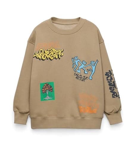 Alan Jones Clothing Boy's Oversized Sweatshirt | Stylish Printed Crew Neck Pullover for Kids | Age 6–16 Years | Soft & Warm Winter Wear (Mid-Camel_15-16 Years)