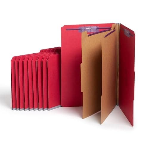 Smead Pressboard Legal Size File Folders with SafeSHIELD Fasteners, 2 Dividers, 2" Expansion, Office Folders, Paper Holder, Bright Red, 10 per Box (19031)