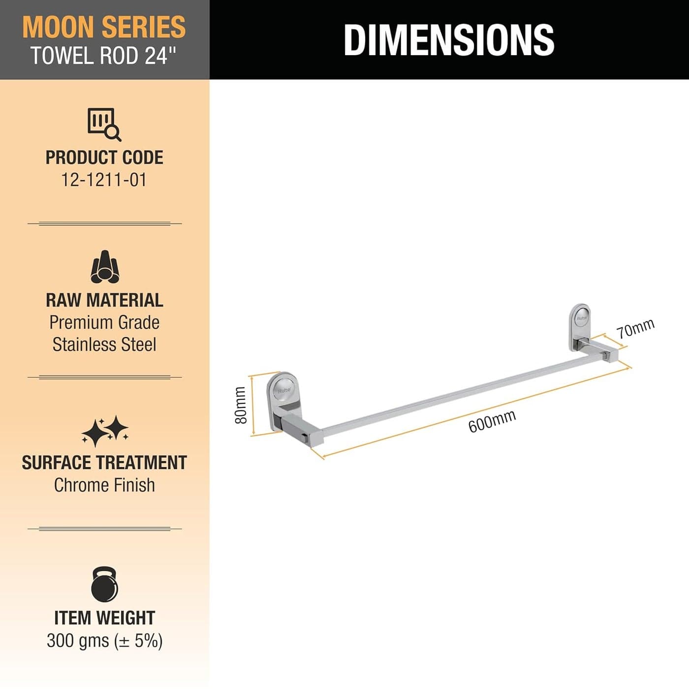 Ruhe Moon Stainless Steel Towel Rod | Towel Hanger for Bathroom |24 Inches | Towel Holder for Kitchen | Wall Mounted | Towel Stand |Towel Bar Hanger Bathroom Accessories | Towel Rail | Chrome Finish