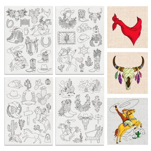 BENECREAT 4Sheets 53Pcs Cowboy Water Soluble Embroidery 117x83inch Cowboy Boy Desert Scene Stick and Stitch Embroidery Paper Stabilizer for Shirts Coats Bags