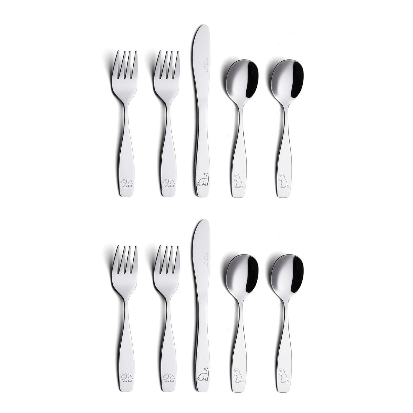 ANNOVA Kids Silverware 10 Pieces Childrens Safe Flatware Set Stainless Steel Children Forks Tablespoons Toddler Utensils Metal Cutlery for Lunchbox Stainless Steel Dino 10