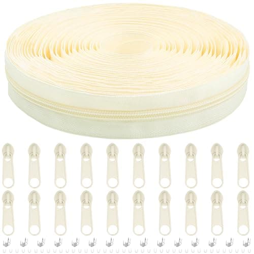 DOITEM 10 Yards Nylon Coil Zipper by The Yards 5 Bulk Zippers for DIY Sewing Craft Bags with Replacement 20PCS Sliders Cream White 5