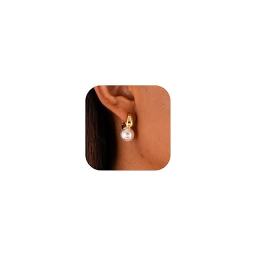 CHSKY Pearl Earrings for Women, 14K Gold Plated Quality Handpicked AAA+ Freshwater Cultured Round Pearls Small Gold Hoops Trendy Dangle Pearl Drop Earrings Jewelry Gifts for Women