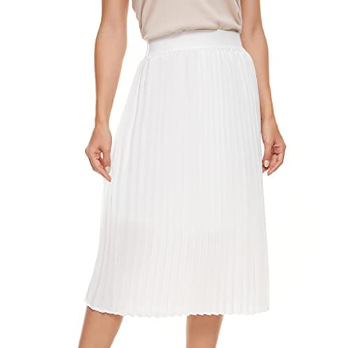 TEERFU Womens Pleated Midi Skirt,High Waist Swing Summer Pleated Skirt Casual Chiffon Elastic A-line Long Skirts White Small