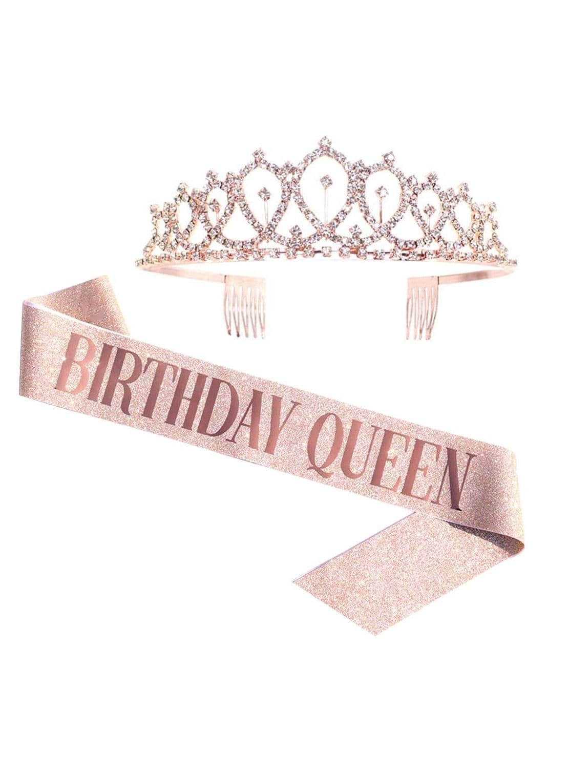 Birthday Queen Sash and Rhinestone Diamond Tiara Set Girls Women Birthday Decoration Rose Gold
