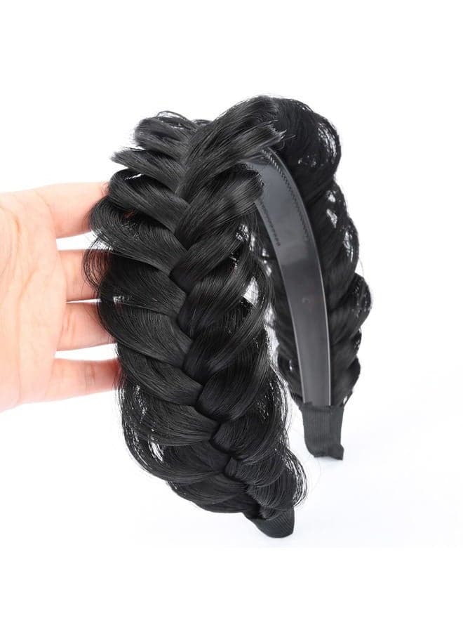 Wide Messy Braided Headband With Teeth Synthetic Hair Plaited Headband High Elasticity Braids Chunky Fishtail Braided Hair Band Hairpiece for Girls Women (Natural Black)