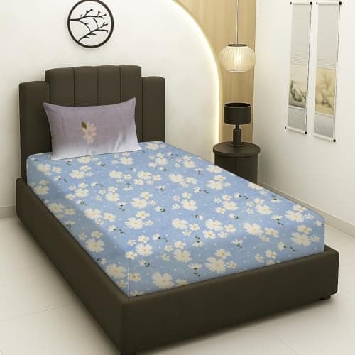DTEX Soft Glace Cotton Feel Single Bedsheet with Pillow Cover | Mix Cotton Fabric, Floral Print Flat Sheet 90x60 inch with 18x28 inch Pillowcase, Smooth & Durable