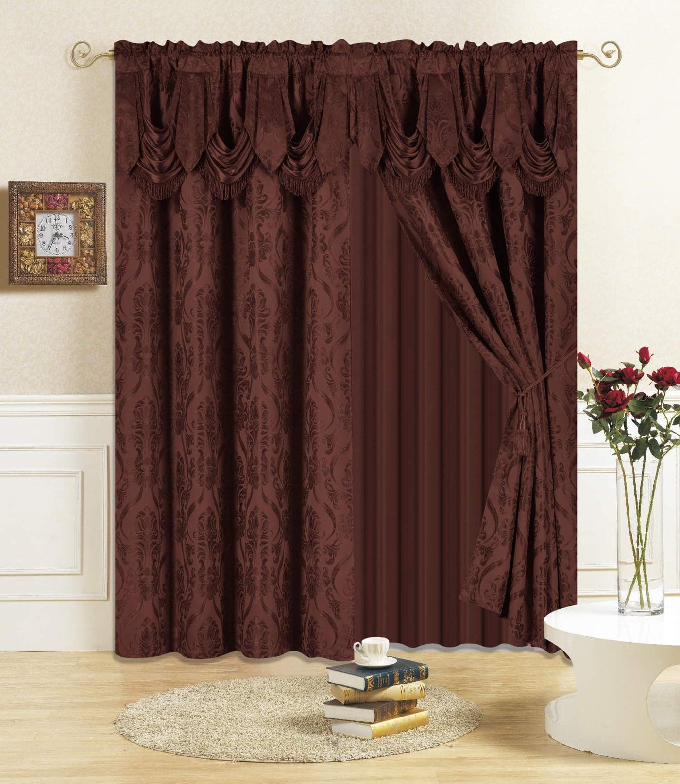 All American Collection New 4 Piece Drape Set with Attached Valance and Sheer with 2 Tie Backs Included 84 Length Coffee