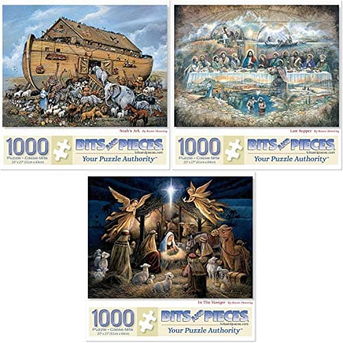 Bits and Pieces Value Set of Three 1000 Piece Jigsaw Puzzles for Adults Last Supper Noahs Ark in The Manger by Artist Ruane Manning Completed Puzzle Size 20 x 27