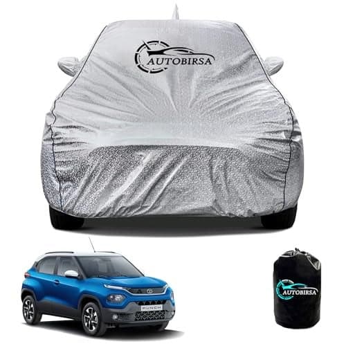 AUTOBIRSA Waterproof Car Body Cover for Tata Punch with Mirror and Antenna Pocket and Soft Cotton Lining (4 Side Elastic Triple Stitched & Metallic Silver with Black Piping Style)