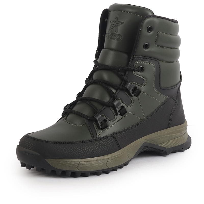 FAUSTO FST FJLMC-15003 OLIVE-43 Men Olive High Top 3-Eye Lace Up High Ankle Winter Biker Boots|Trekking Boots|Hiking Boots|Basketball Shoes|Good Sole Grip Traction (9 UK)