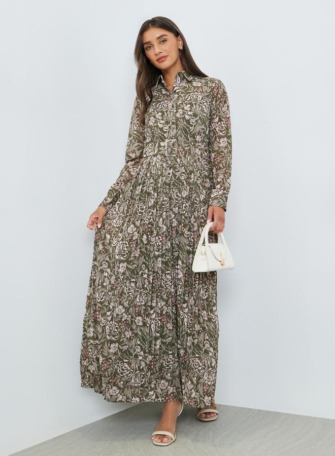 Green Pleated Maxi Dress with Belt